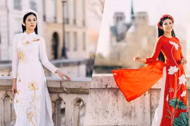 Áo dài họa tiết hoa sen do Ngọc Hân thiết kế