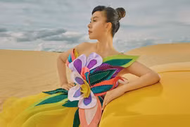 Hoa hậu Hằng Nguyễn diện váy dạ hội tạo dáng trên đồi cát