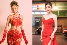 Hoàng Thuỳ mặc đầm xuyên thấu 'bỏng mắt', Huyền My diện váy dạ hội đỏ rực khoe vai trần