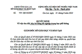 Gia Lai: 1 trường hợp bị thu hồi, hủy bỏ bằng tốt nghiệp THPT do gian lận