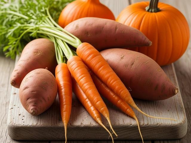 Không chỉ cà rốt mà khoai lang, bí đỏ cũng rất giàu vitamin A. ẢNH: AI Không chỉ cà rốt mà khoai lang, bí đỏ cũng rất giàu vitamin A. ẢNH: AI