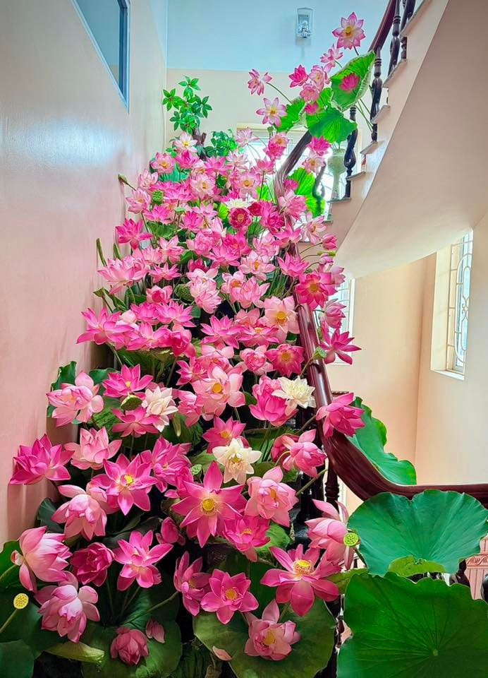 Chị Hương dùng hoa sen cắm khắp cầu thang. Vì các thành viên trong gia đình ít khi đi lại ở tầng 4 nên chị có thể thoải mái cắm hoa ở đây. ẢNH: NVCC Chị Hương dùng hoa sen cắm khắp cầu thang. Vì các thành viên trong gia đình ít khi đi lại ở tầng 4 nên chị có thể thoải mái cắm hoa ở đây. ẢNH: NVCC