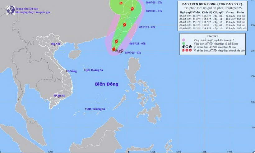 Hình ảnh vị trí và đường đi của bão số 2. (Nguồn: Trung tâm Dự báo Khí tượng Thủy văn Trung ương) conbaodd.jpg