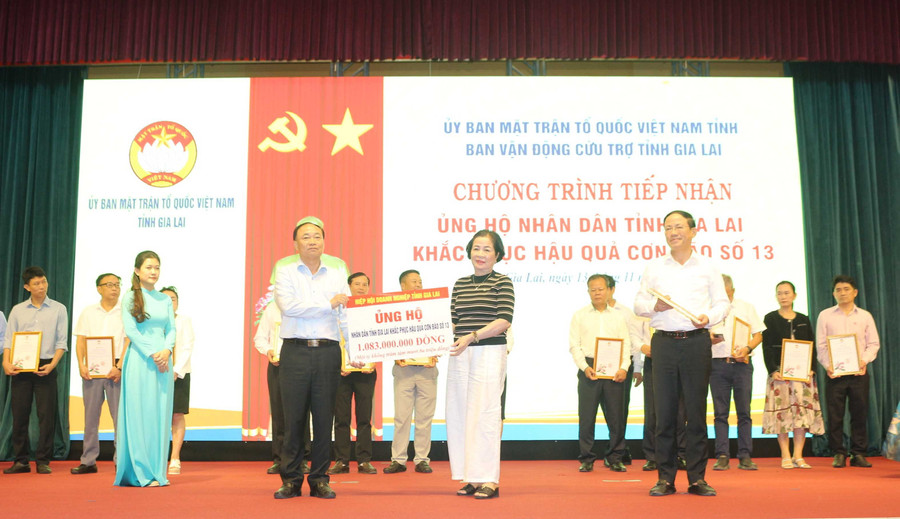 Với vai trò Chủ tịch Hiệp hội Doanh nghiệp tỉnh, bà Sen đã vận động các hội viên ủng hộ gần 1,1 tỷ đồng chung tay khắc phục hậu quả bão số 13. Ảnh: NVCC