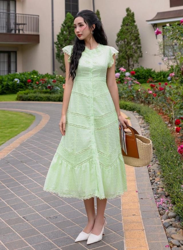 Đầm dự tiệc tươi trẻ, nhẹ nhàng nhưng vẫn ấn tượng nhờ vào sự cầu kỳ trong từng chi tiết, cách kết hợp đa chất liệu, đường viền xếp nếp xếp ly... cộng hưởng cùng gam màu xanh mát thơ mộng. ẢNH: GAIETE