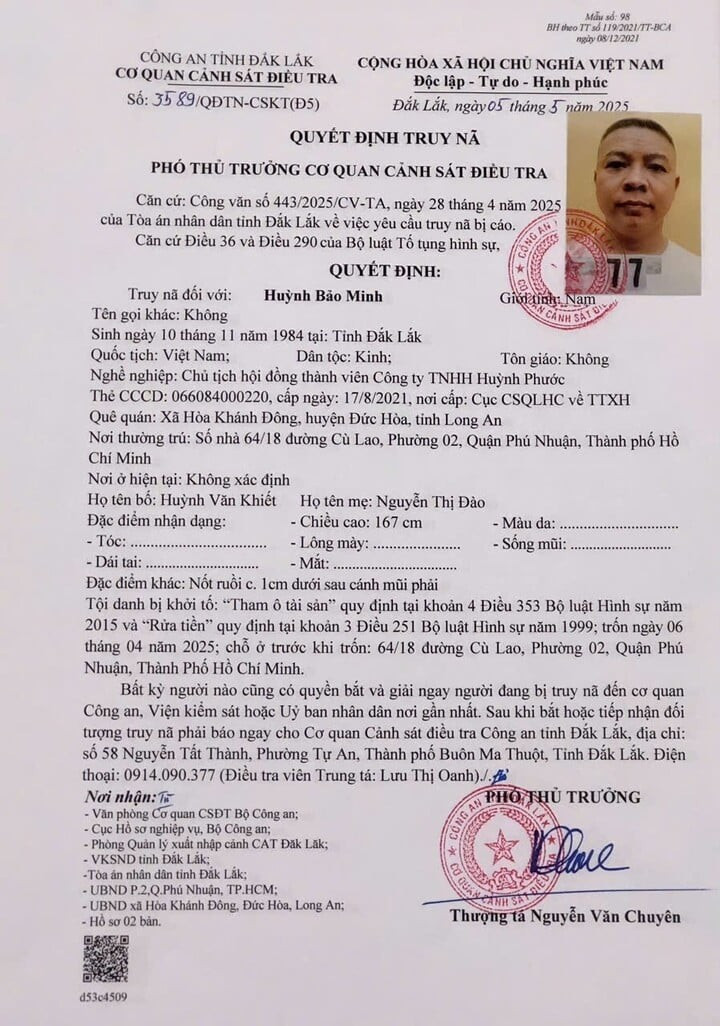 Quyết định truy nã Huỳnh Bảo Minh. truyna.jpg