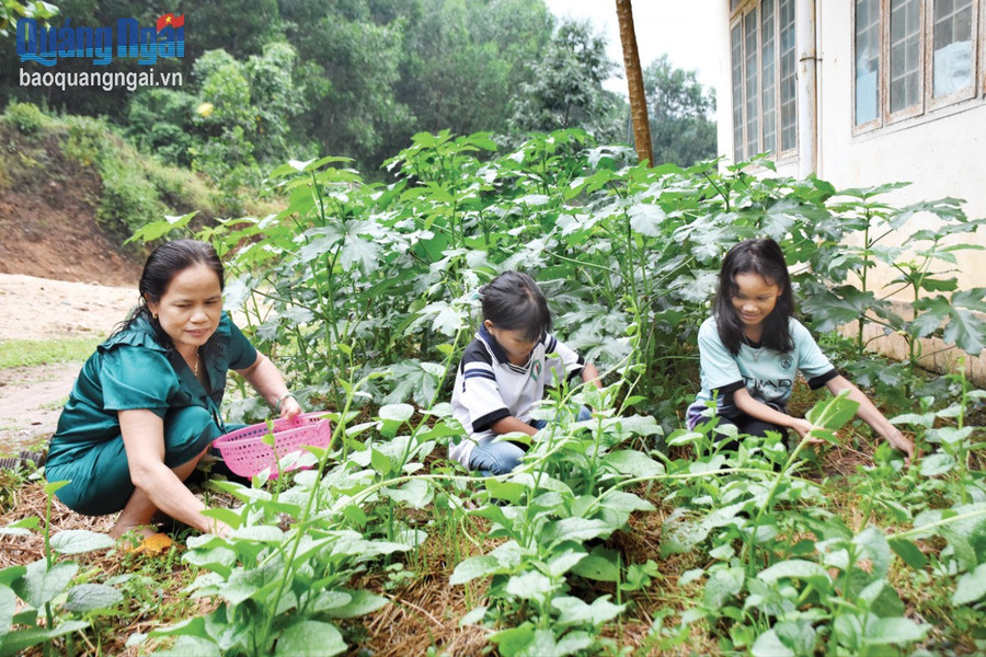 Bà Tiên cùng học sinh Trường Tiểu học và THCS Ba Lế xây dựng vườn rau sạch trong khuôn viên khu nhà bán trú. 2batien.jpg