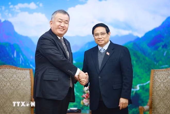 Thủ tướng Phạm Minh Chính tiếp ông Nagao Yutaka, Chủ tịch Tập đoàn Yamato của Nhật Bản. (Ảnh: Dương Giang/TTXVN)