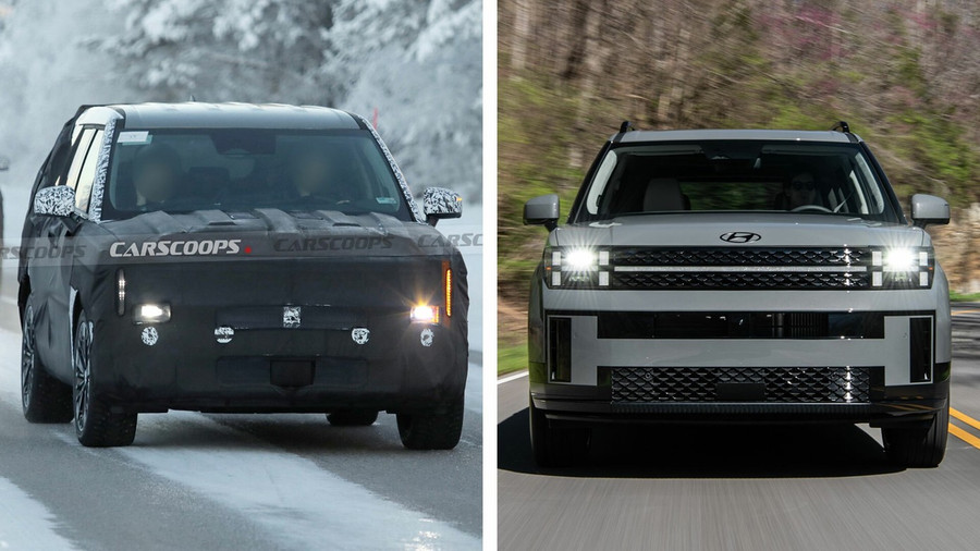 Hyundai Santa Fe facelift được cho là sẽ từ bỏ thiết kế đèn chữ H ở bản hiện hành. Ảnh: Carscoops