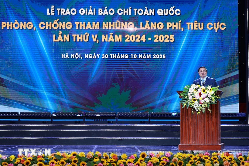 Thủ tướng Phạm Minh Chính phát biểu tại Lễ trao Giải Báo chí toàn quốc phòng, chống tham nhũng, lãng phí, tiêu cực lần thứ 5, năm 2024-2025. (Ảnh: Dương Giang/TTXVN) Thủ tướng Phạm Minh Chính phát biểu tại Lễ trao Giải Báo chí toàn quốc phòng, chống tham nhũng, lãng phí, tiêu cực lần thứ 5, năm 2024-2025. (Ảnh: Dương Giang/TTXVN)