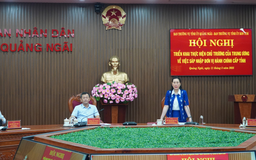 Đồng chí Bí thư Tỉnh ủy Quảng Ngãi Bùi Thị Quỳnh Vân thông tin một số nội dung thảo luận tại Hội nghị. Ảnh: DN 2qn.jpg