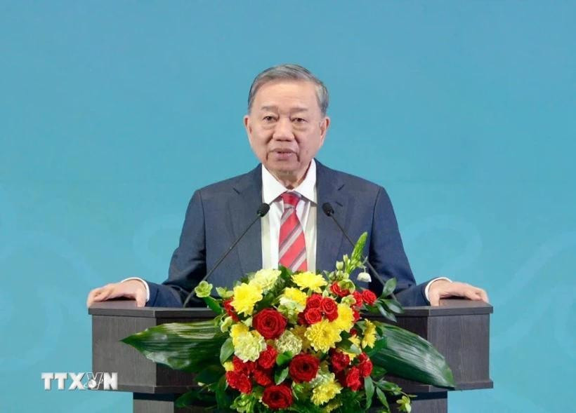 Tổng Bí thư Tô Lâm phát biểu Chính sách tại Học viện Tổng thống Nga. (Ảnh: TTXVN phát) tbtdd.jpg