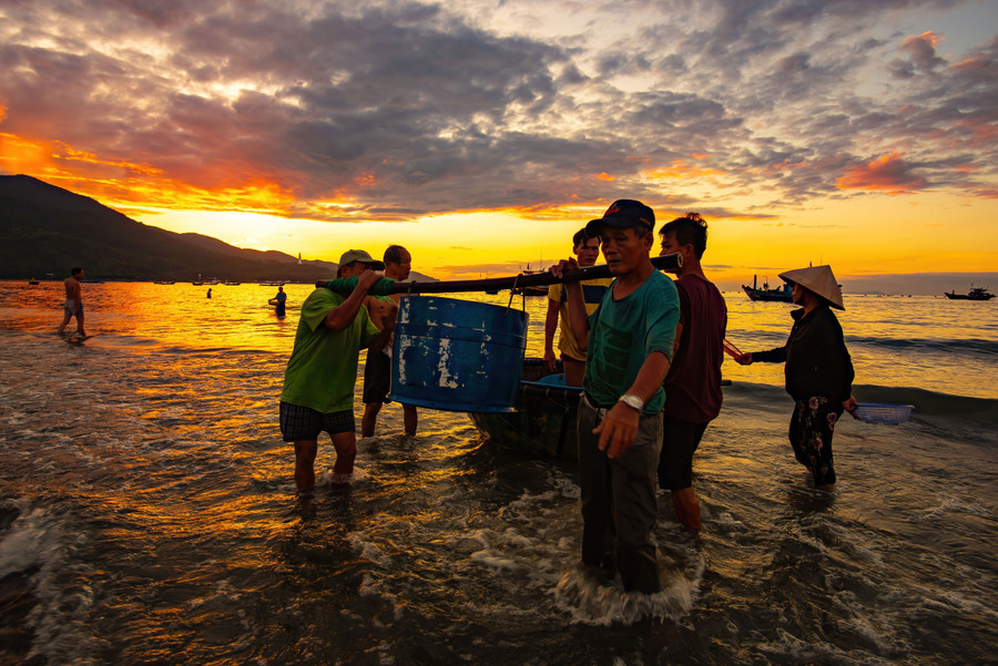 Từng thùng cá được đánh bắt sau một đêm trên biển được ngư dân đưa vào bờ, bán cho thương lái. ẢNH: NGUYỄN TRÌNH
