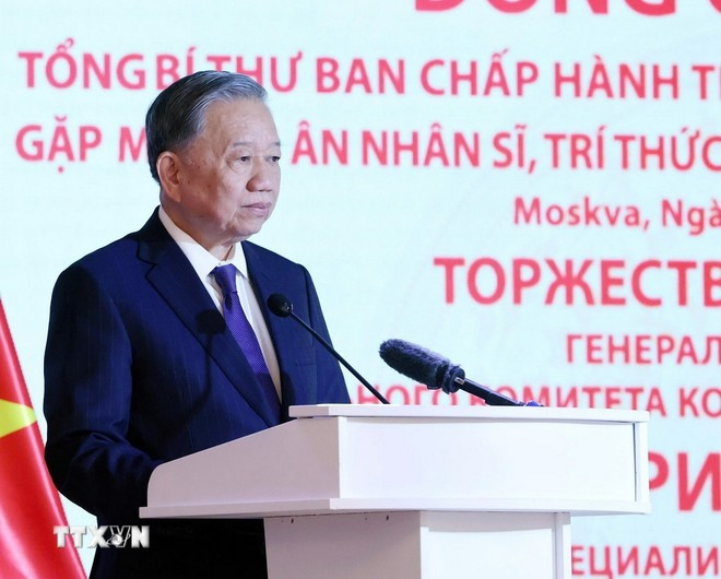 Tổng Bí thư Tô Lâm phát biểu tại buổi gặp mặt tri ân các nhân sĩ, trí thức, chuyên gia Nga từng giúp đỡ Việt Nam. (Ảnh: Thống Nhất/TTXVN) Tổng Bí thư Tô Lâm phát biểu tại buổi gặp mặt tri ân các nhân sĩ, trí thức, chuyên gia Nga từng giúp đỡ Việt Nam. (Ảnh: Thống Nhất/TTXVN)