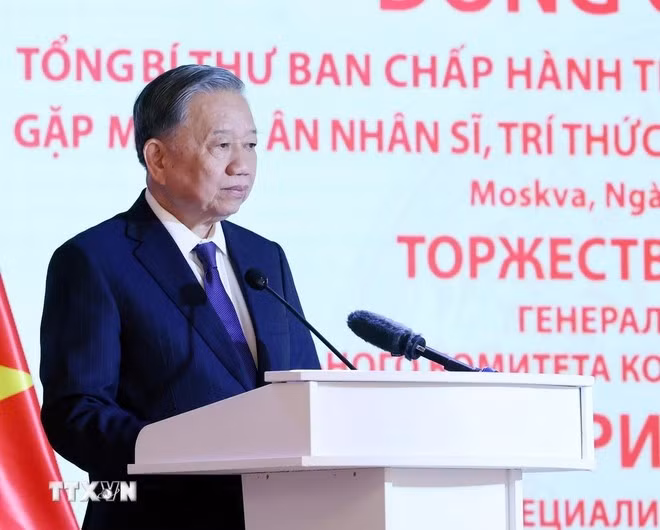 Tổng Bí thư Tô Lâm phát biểu tại buổi gặp mặt tri ân các nhân sĩ, trí thức, chuyên gia Nga từng giúp đỡ Việt Nam. (Ảnh: Thống Nhất/TTXVN)