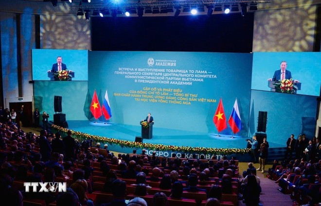 Tổng Bí thư Tô Lâm gặp gỡ và phát biểu Chính sách tại Học viện Tổng thống Nga ở thủ đô Moskva. (Ảnh: TTXVN phát) Tổng Bí thư Tô Lâm gặp gỡ và phát biểu Chính sách tại Học viện Tổng thống Nga ở thủ đô Moskva. (Ảnh: TTXVN phát)