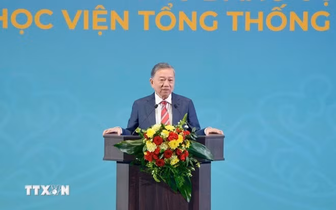 Tổng Bí thư Tô Lâm phát biểu Chính sách tại Học viện Tổng thống Nga. (Ảnh: TTXVN phát)