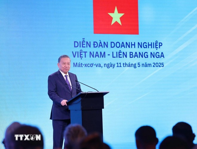 Tổng Bí thư Tô Lâm phát biểu tại Diễn đàn Doanh nghiệp Việt Nam-Liên bang Nga. (Ảnh: Thống Nhất/TTXVN) Tổng Bí thư Tô Lâm phát biểu tại Diễn đàn Doanh nghiệp Việt Nam-Liên bang Nga. (Ảnh: Thống Nhất/TTXVN)