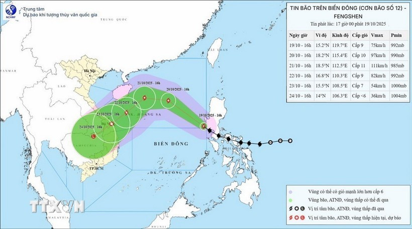 Hướng di chuyển của bão số 12 lúc 19h ngày 19/10. (Ảnh: TTXVN phát) Hướng di chuyển của bão số 12 lúc 19h ngày 19/10. (Ảnh: TTXVN phát)