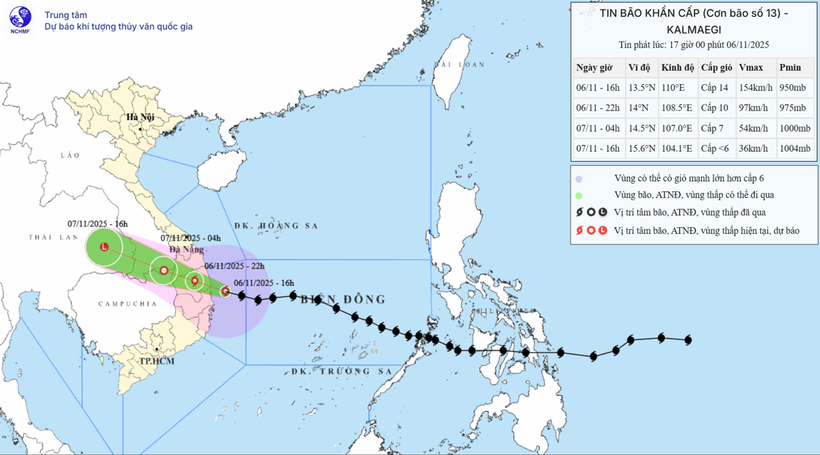 Vị trí và đường đi của bão số 13. (Nguồn: Trung tâm Dự báo Khí tượng Thủy văn Quốc gia)
