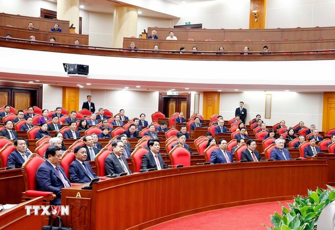 Các đại biểu dự phiên bế mạc Hội nghị lần thứ 14 Ban Chấp hành Trung ương Đảng khóa XIII. (Ảnh: Thống Nhất/TTXVN)