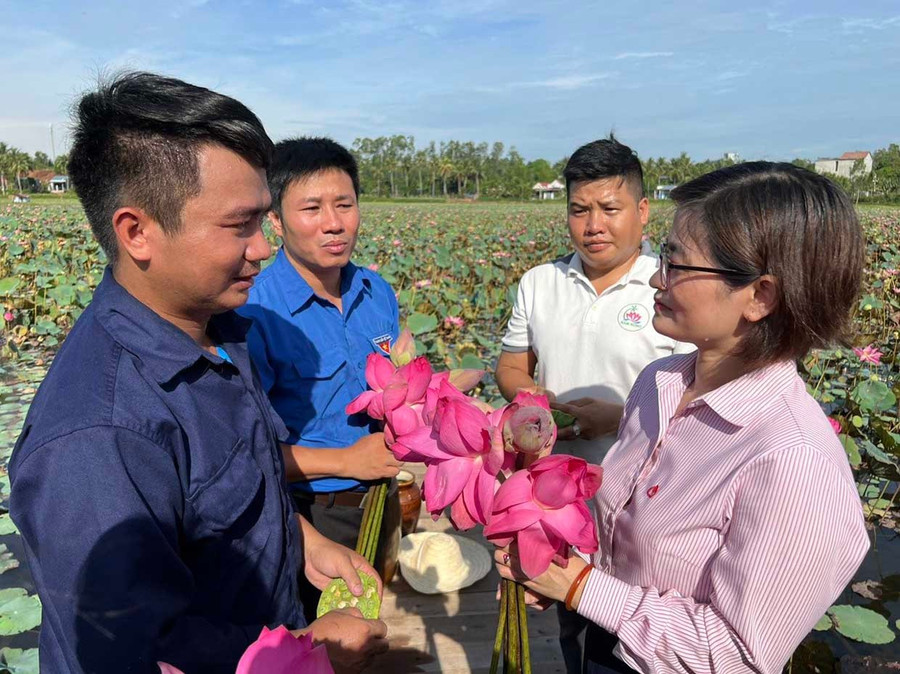 Anh Nguyễn Xong (bìa trái) chia sẻ với cán bộ tín dụng của Ngân hàng Chính sách xã hội Hoài Nhơn và Đoàn Thanh niên phường Hoài Nhơn về việc phát huy nguồn vốn vay, tạo ra các sản phẩm từ cây sen.