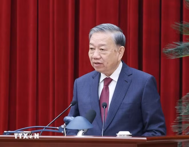 Tổng Bí thư Tô Lâm phát biểu bế mạc Hội nghị lần thứ 14 Ban Chấp hành Trung ương Đảng khóa XIII. (Ảnh: Thống Nhất/TTXVN)