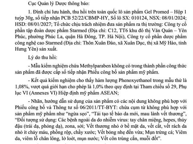 Thu hồi toàn quốc lô mỹ phẩm Gel Promed có hướng dẫn sử dụng không phù hợp với công bố ẢNH: DAV.GOV.VN/Nguồn TNO 2thuhoi.jpg