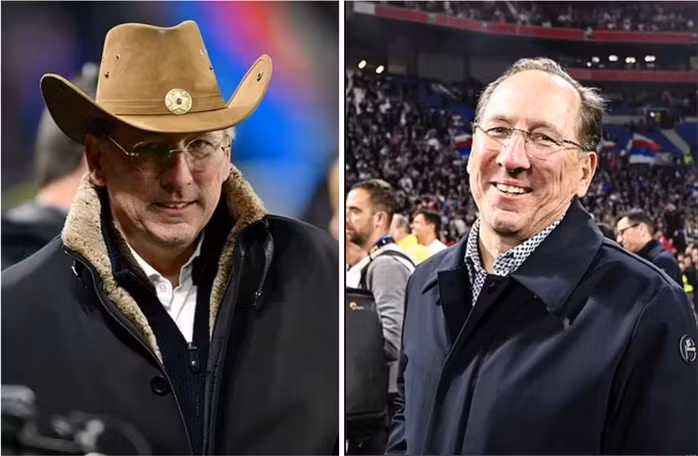 Tỉ phú John Textor (trái) là cổ đông lớn tại Lyon còn đồng chủ sở hữu Crytal Palace, tỉ phú David Blitzer cũng là chủ CLB Brondby