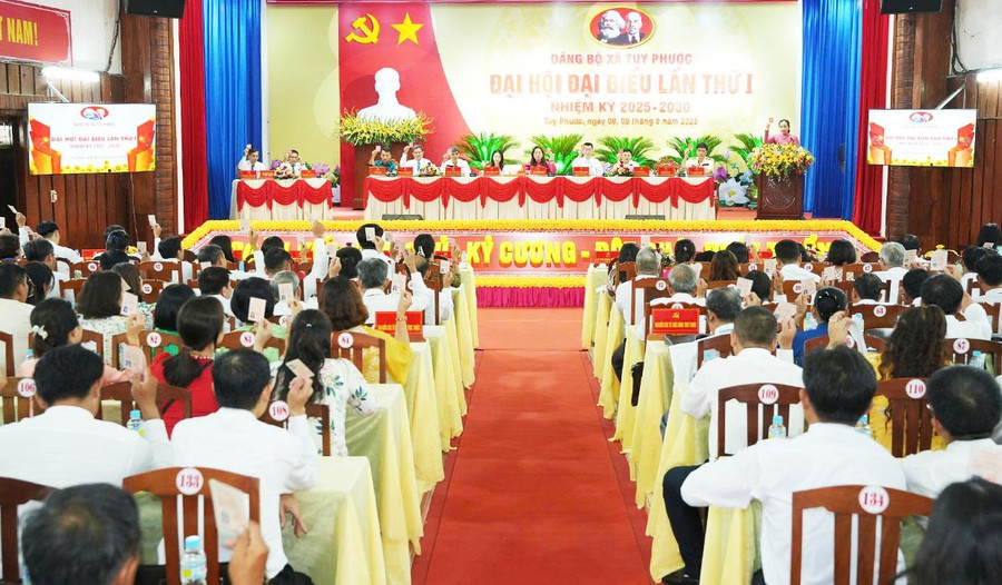 Phiên trù bị Đại hội đại biểu Đảng bộ xã Tuy Phước diễn ra ngày 8-8. Ảnh: Đảng ủy xã Tuy Phước lay1chot.jpg