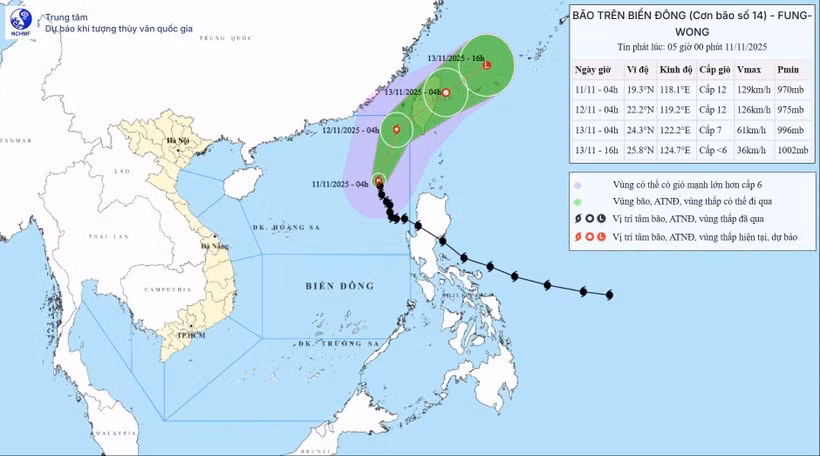 Hướng đi của bão số 14. (Nguồn: Trung tâm Khí tượng Thủy văn Quốc gia)