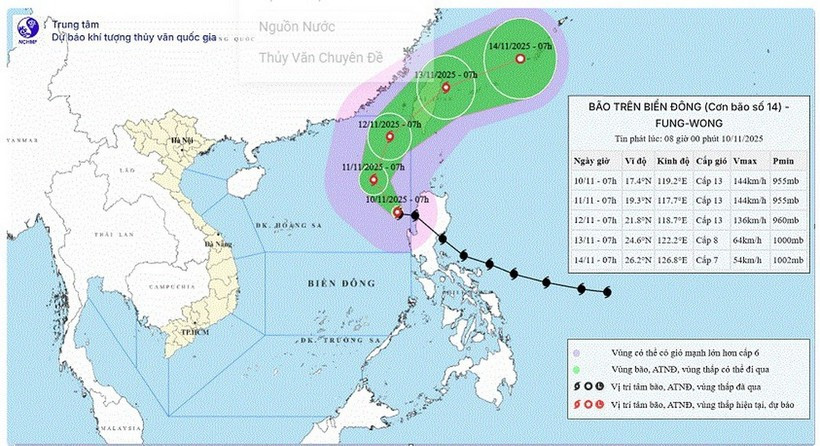 Hình ảnh vị trí và đường đi của bão số 14 lúc 7h sáng 10/11/2025. (Nguồn; Trung tâm Dự báo Khí tượng Thủy văn Quốc gia)