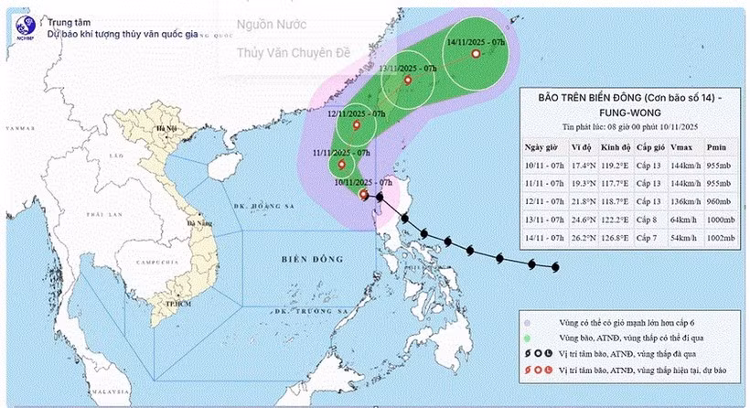 Hình ảnh vị trí và đường đi của bão số 14 lúc 7h sáng 10/11/2025. (Nguồn; Trung tâm Dự báo Khí tượng Thủy văn Quốc gia)