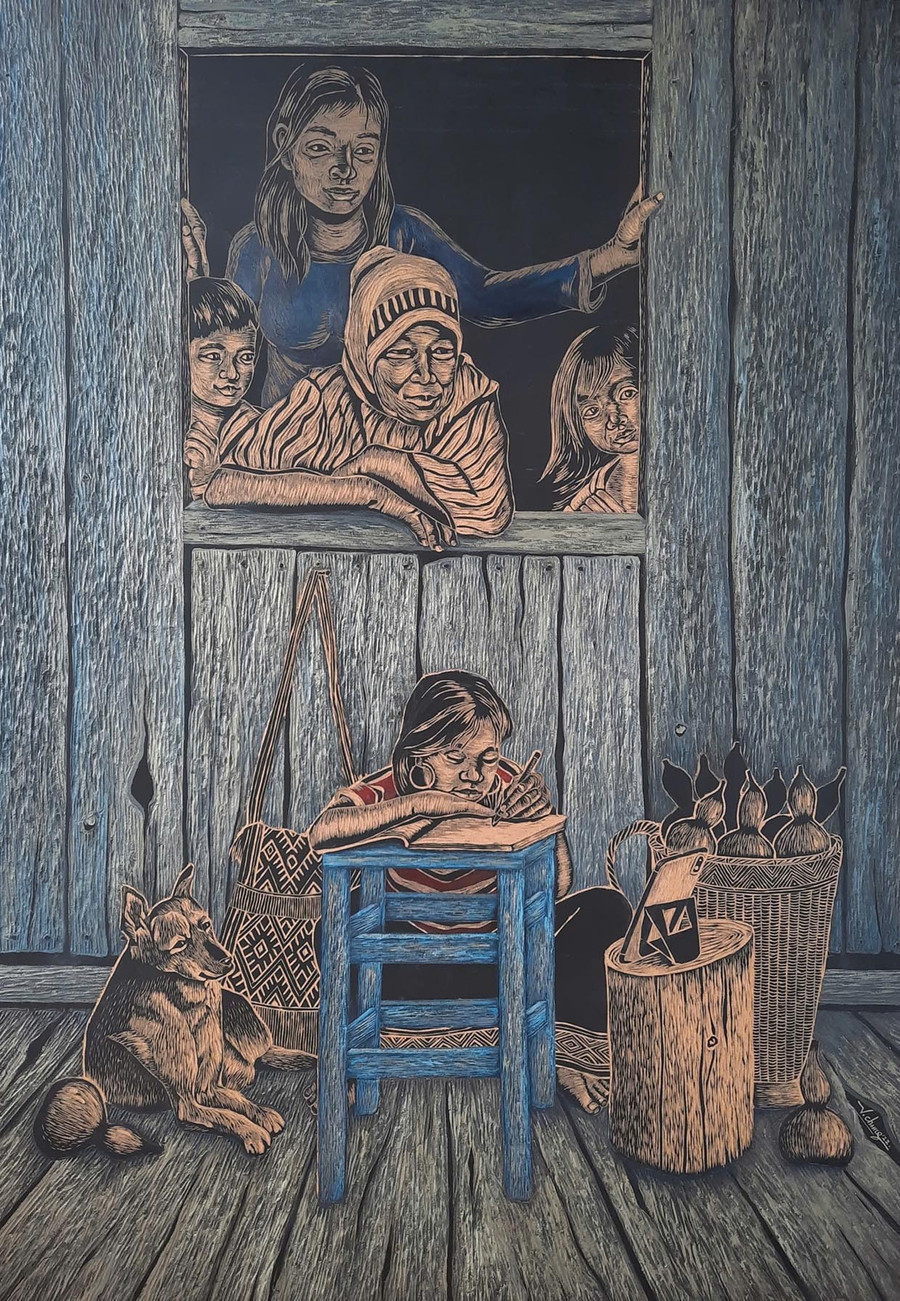 Tác phẩm Học online của thầy giáo, họa sĩ Nguyễn Văn Chung. Ảnh: NVCC