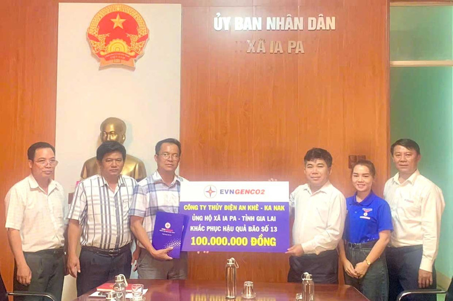 Đoàn công tác Công ty AKKN thăm hỏi, hỗ trợ cho người dân xã Ia Pa, bị thiệt hại bởi bão số 13. Ảnh: AKKN