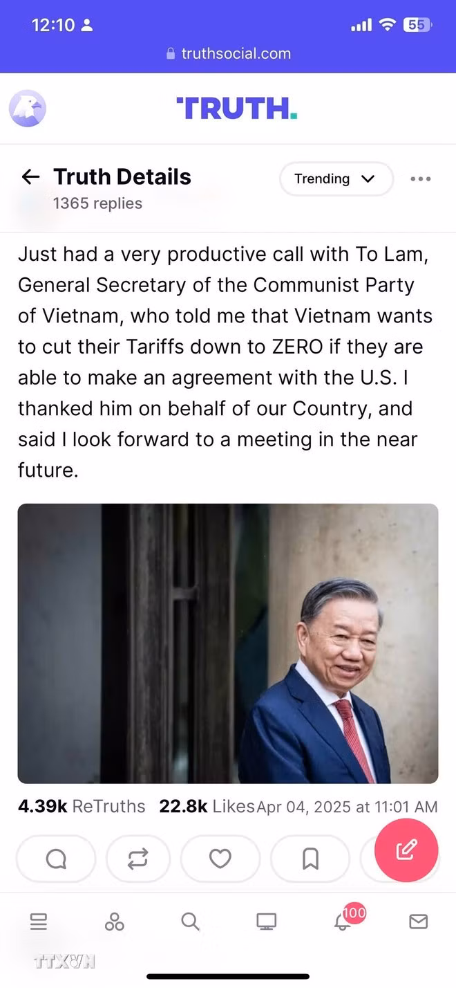 Ảnh chụp màn hình thông báo của Tổng thống Mỹ Donald Trump về cuộc điện đàm với Tổng Bí thư Đảng Cộng sản Việt Nam trên mạng xã hội Truth Social. (Ảnh: Ngọc Quang/TTXVN)