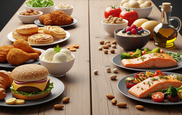 Chế độ ăn uống liên quan mật thiết đến mức cholesterol xấu và tốt - Minh họa AI: Thu Anh Chế độ ăn uống liên quan mật thiết đến mức cholesterol xấu và tốt - Minh họa AI: Thu Anh