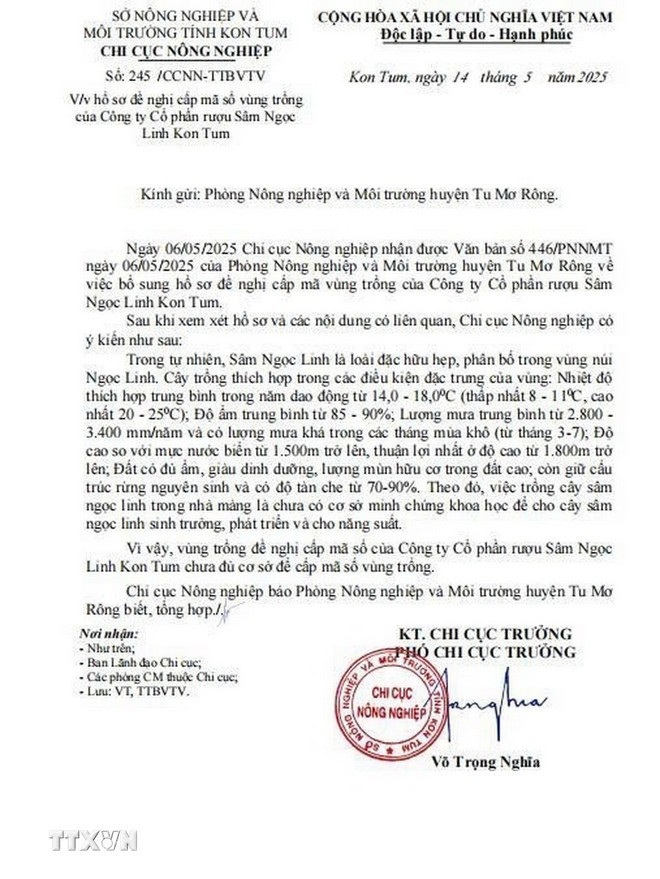 Văn bản số 245/CCNN-TTBVTV ngày 14/5 không đồng ý cấp mã vùng trồng cho Công ty Cổ phần rượu sâm Ngọc Linh Kon Tum. (Ảnh: Cao Nguyên/TTXVN) Văn bản số 245/CCNN-TTBVTV ngày 14/5 không đồng ý cấp mã vùng trồng cho Công ty Cổ phần rượu sâm Ngọc Linh Kon Tum. (Ảnh: Cao Nguyên/TTXVN)