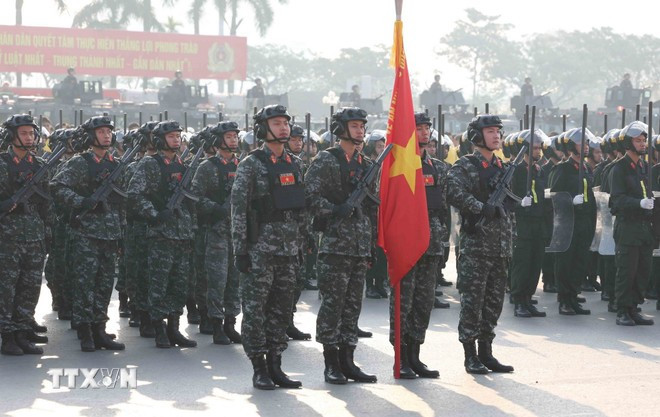 Các lực lượng tham gia Lễ xuất quân, diễn tập phương án bảo đảm an ninh, trật tự Đại hội đại biểu toàn quốc lần thứ XIV của Đảng. (Ảnh: Phương Hoa/TTXVN)