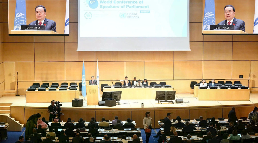 Chủ tịch Quốc hội Trần Thanh Mẫn phát biểu tại Phiên thảo luận chung của Hội nghị các chủ tịch quốc hội thế giới lần thứ 6, ngày 29.7.2025. ẢNH: TTXVN