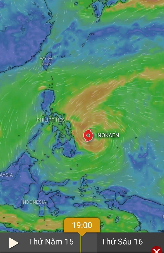Áp thấp nhiệt đới ở khu vực phía Đông Philippines mạnh lên thành bão Nokaen. Ảnh: Windy.com