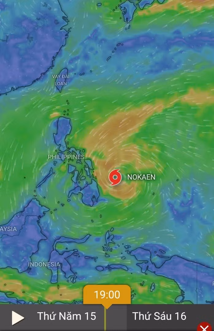 Áp thấp nhiệt đới ở khu vực phía Đông Philippines mạnh lên thành bão Nokaen. Ảnh: Windy.com