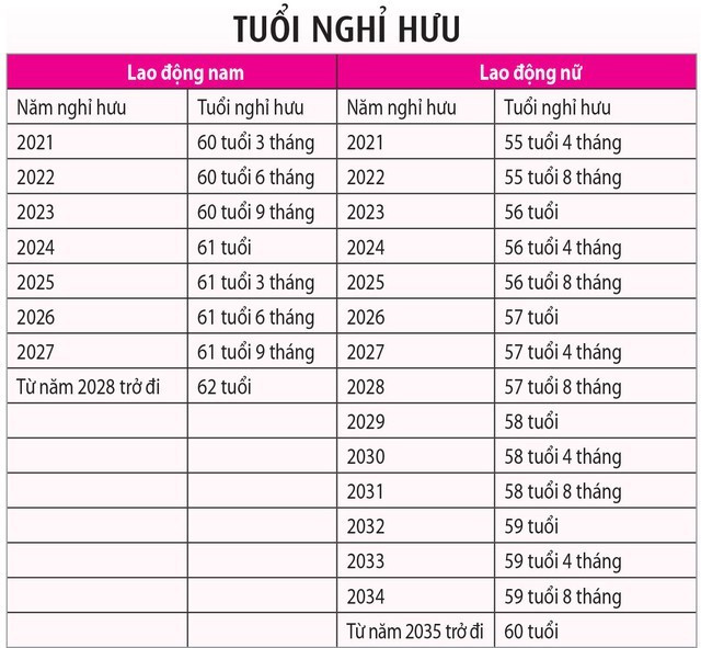 Bảng tuổi nghỉ hưu với lao động nam và lao động nữ theo lộ trình tăng tuổi nghỉ hưu căn cứ theo bộ luật Lao động 2019. ẢNH: BÁO THANH NIÊN