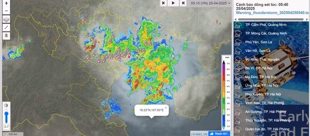 Hàng loạt điểm xuất hiện dông sét ở miền Bắc.