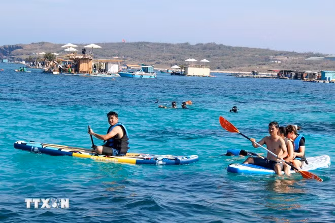 Du khách trải nghiệm lặn biển ngắm san hô, chèo sup tại khu vực Bãi Cạn, huyện đảo Phú Quý, tỉnh Bình Thuận). Ảnh: Nguyễn Thanh/TTXVN