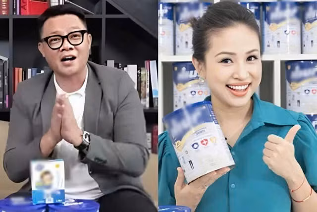 Biên tập viên Quang Minh và Vân Hugo với hình ảnh quảng cáo sữa Hiup.