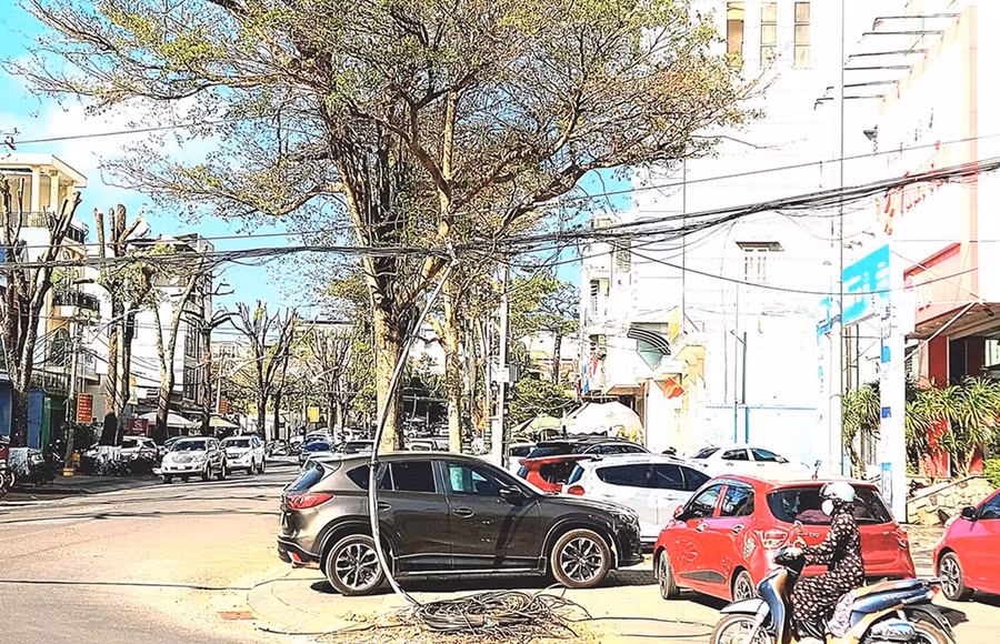 Một cuộn dây cáp viễn thông chưa được thu dọn tại đường Hoàng Văn Thụ (ảnh chụp ngày 8.2). Ảnh: Q.Linh