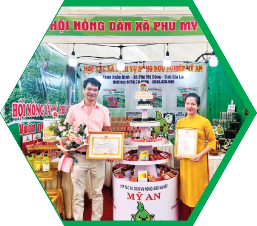 Anh Nguyễn Thái Hoàng trong gian hàng trưng bày sản phẩm của Hợp tác xã Dịch vụ nông - ngư nghiệp Mỹ An (xã Phù Mỹ Đông). Ảnh: ĐVCC
