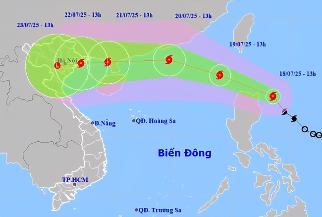 Dự báo vị trí và hướng di chuyển của bão Wipha. Nguồn Trung tâm Dự báo khí tượng thủy văn quốc gia Dự báo vị trí và hướng di chuyển của bão Wipha. Nguồn Trung tâm Dự báo khí tượng thủy văn quốc gia