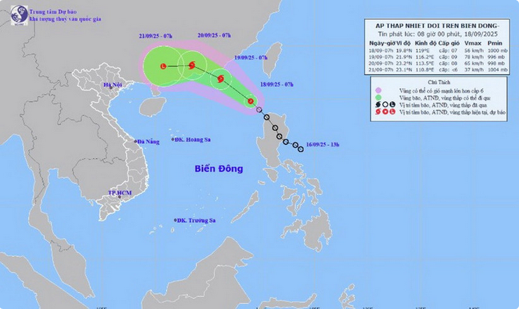 Vị trí và đường đi của áp thấp nhiệt đới lúc 7h sáng 18/9/2025. (Nguồn: Trung tâm Dự báo Khí tượng Thủy văn Trung ương) Vị trí và đường đi của áp thấp nhiệt đới lúc 7 giờ sáng 18-9-2025.